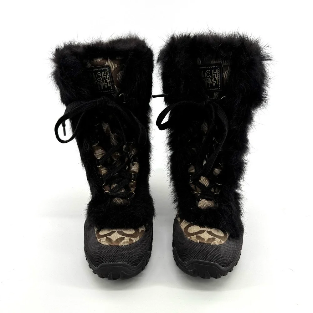 COACH Jennie Vintage Boots Women 10 Khaki Brown Logo Faux Fur Winter Snow Luxury